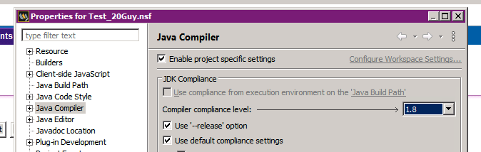 Screenshot of the Java Compiler settings for an NSF