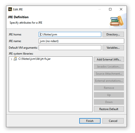 Screenshot of the 'Edit JRE' Eclipse dialog showing a clean JRE