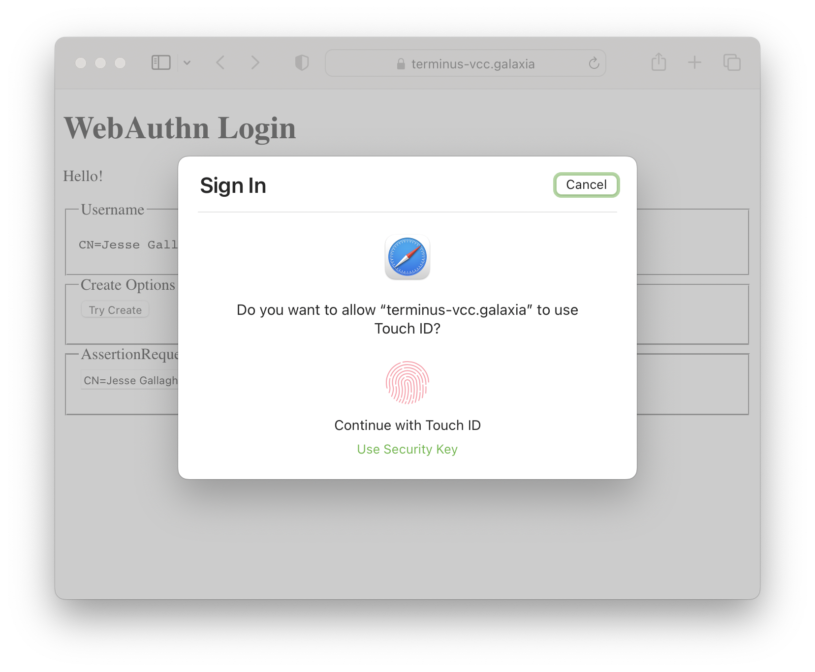 WebAuthn key creation in Safari