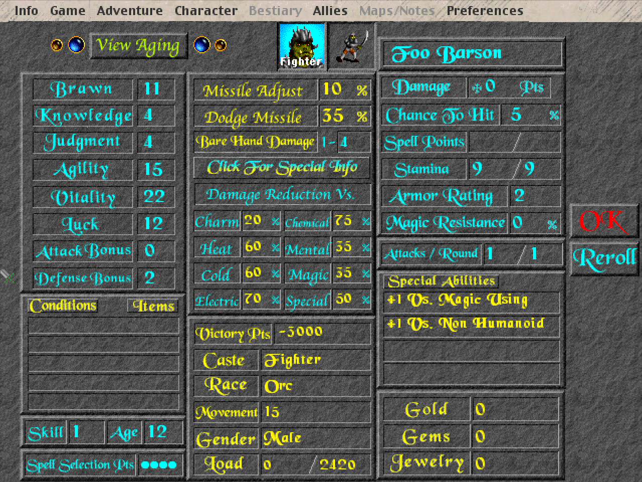 Screenshot of the Realmz character creation sheet