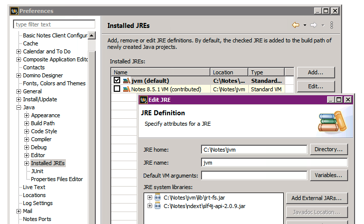 Screenshot of Designer's JRE preferences, showing the addition of an ndext JAR